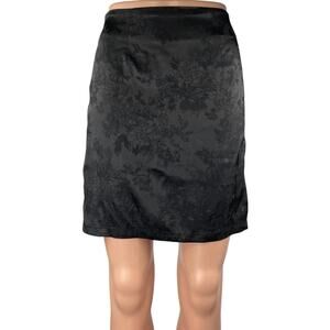 Lyaner Black Floral Silky Satin High Waist Front Slit Mini A-Line Skirt Size L